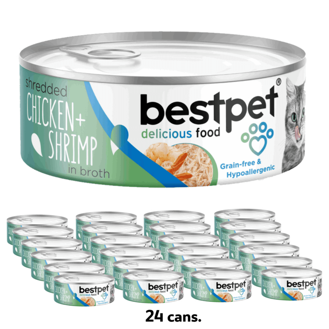 BESTPET Shredded Cat Chicken & Shrimp in Broth - 70g x 24 Cans