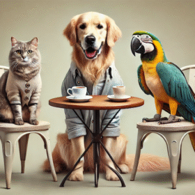 DALL·E 2025 08 13 14.47.43 A realistic studio portrait of a golden retriever a tabby cat and a parrot sitting together at a small round cafe table each with a small coffee cu copy