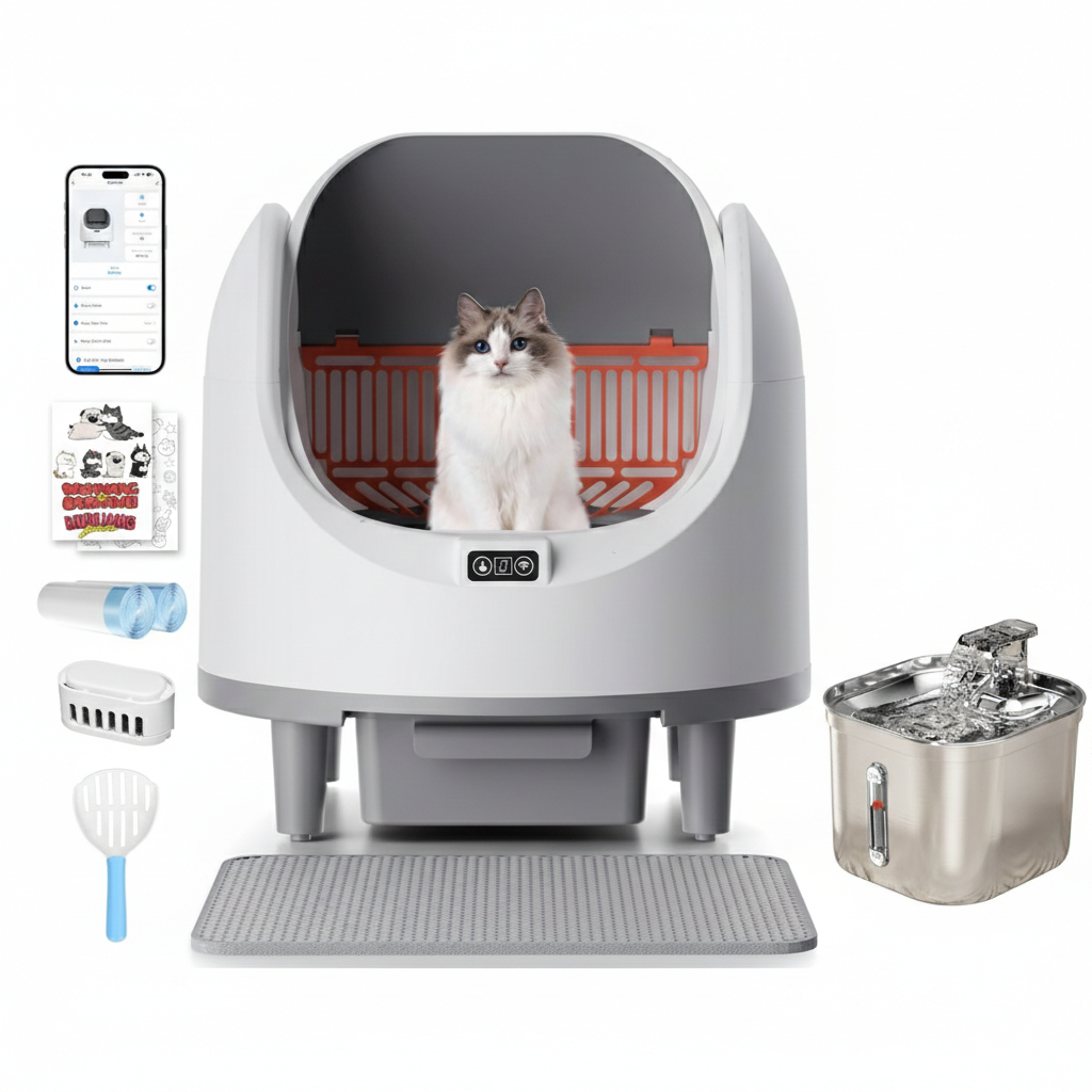 Automatic Self-Cleaning Open Top Cat Litter Box & Stainless Steel Automatic Pet Water Fountain Combo