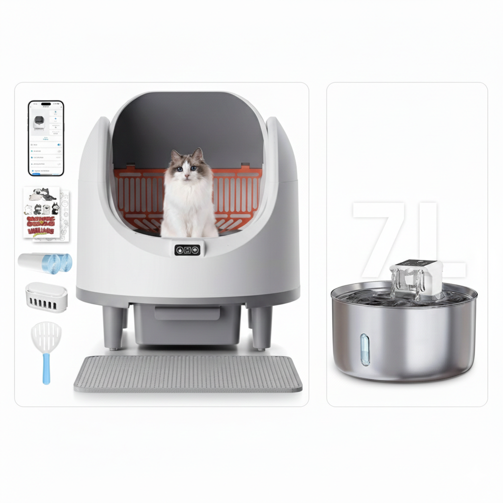 Automatic Self-Cleaning Open Top Cat Litter Box & Stainless Steel Pet Water Fountain 7L Large Capacity Combo