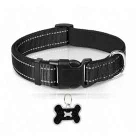 Black Reflective Nylon Dog Collar with Bone Tag – L (40–60cm)
