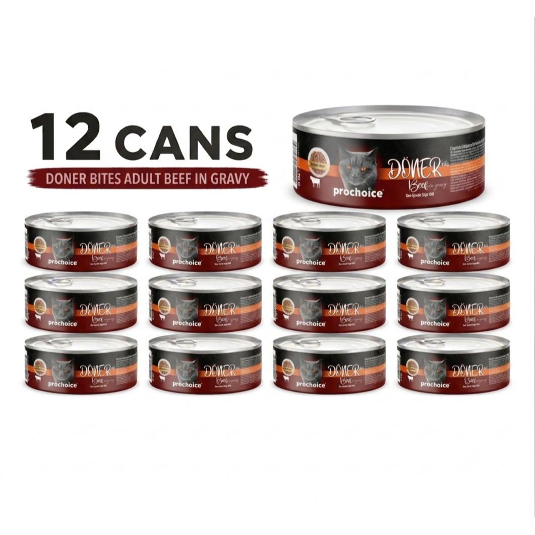 Prochoice Doner Bites Adult Beef In Gravy Wet Cat Food 12 × 70 G Cans